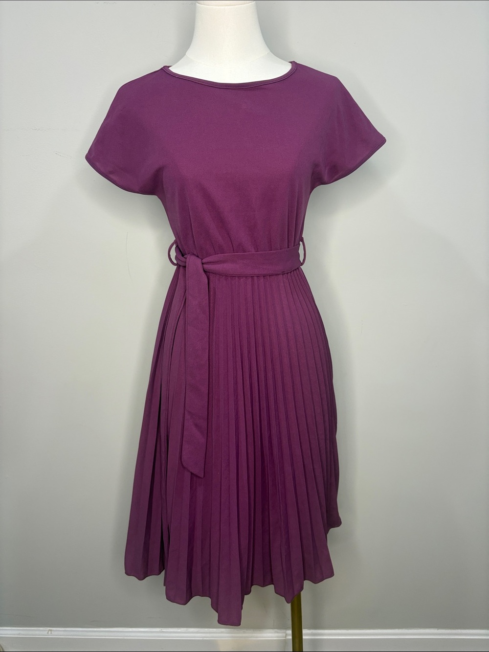 Pleated Midi Dress with Waist Tie - Plum Small